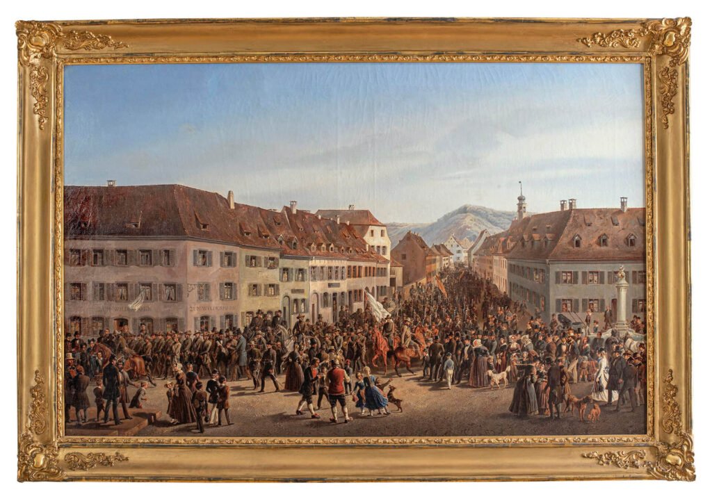 Am Alten Markt Lörrach. Einzug der Freischärler in Lörrach am 20. April 1848, Friedrich Kaiser. Sammlung Dreiländermuseum (BKKa 0085)