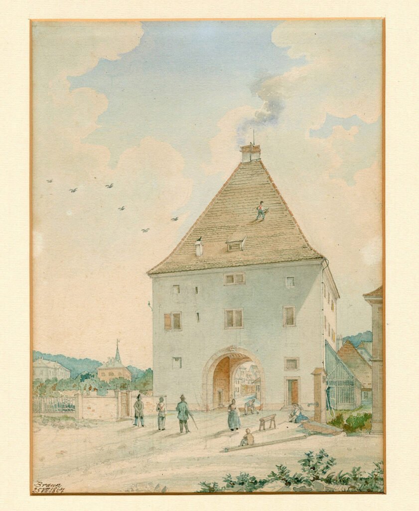 Gefängnisturm Lörrach. Aquarell über Bleistift auf Papier, Braun, datiert 25.07.1867. Sammlung Dreiländermuseum (BKVer 360)